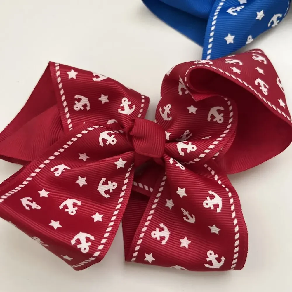 Lot Of 3 Ribbon Designed 6” Bow Clips Red Blue Light Blue Anchors Alligator
